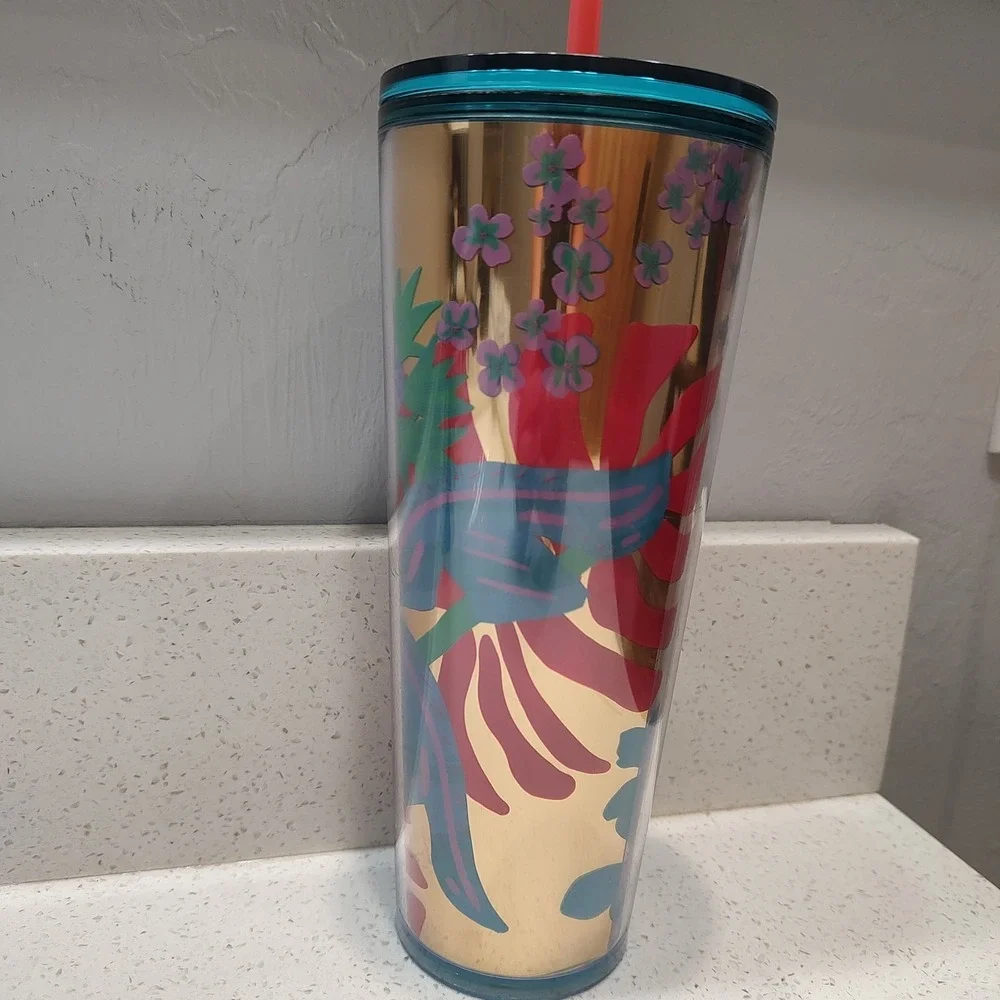 Starbucks Summer 2022 Forest Dream Aqua Terra Floral 24oz Tumbler Cold Cup Straw